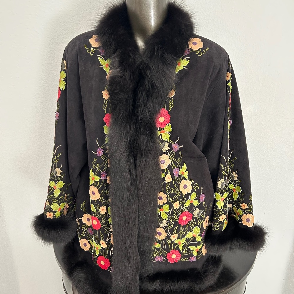Adrienne Landau RARE vintage embroidered suede and fox coat